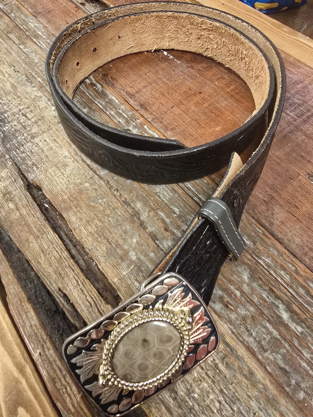 Dark Brown Leather Western Belt with Decorative Buckle